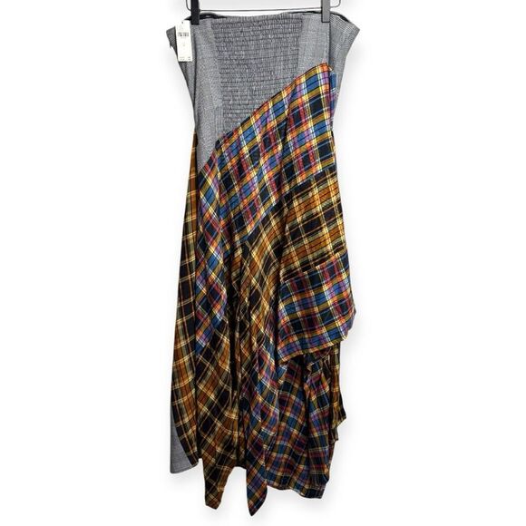 Anthropologie Maeve Plaid Patchwork Strapless Asymmetrical Midi Handkerchief Dre - Picture 7 of 11